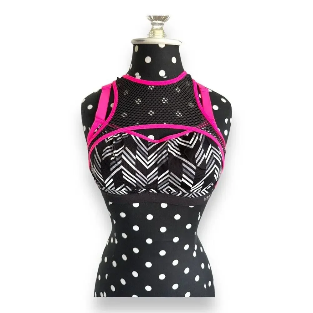 Victorias Secret VSX Mesh Sports Bra 32C Crisscross‎ Straps Black White Hot Pink